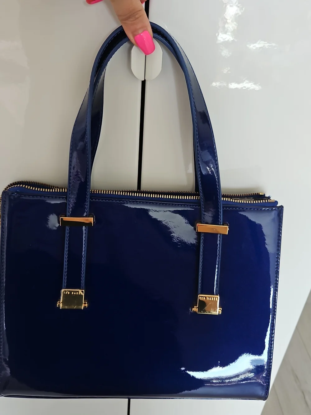 Ted Baker London Navy Patent Satchel with Gold Hardware, Authentic